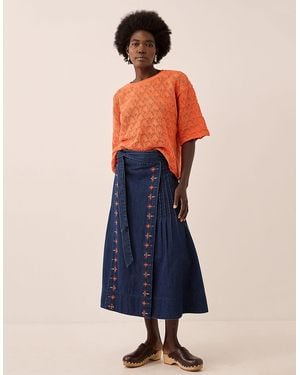 Monsoon East Marion Denim Wrap Embroidered Skirt Blue