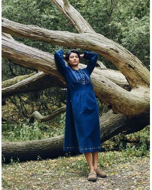 Monsoon East Anita Embroidered Corduroy Midi Dress Blue - Green