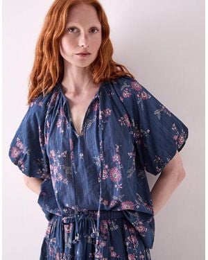 Monsoon East Layla Floral Print Cotton Top Blue