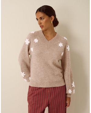 Monsoon Emily Floral Embroidered Jumper Mink - Brown