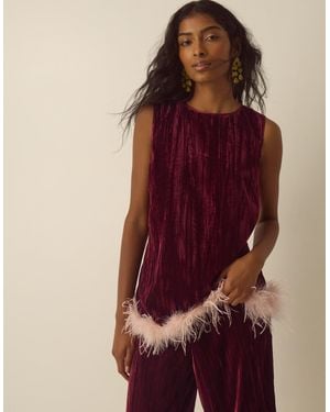 Monsoon Emma Sleeveless Faux Feather Velvet Top Red