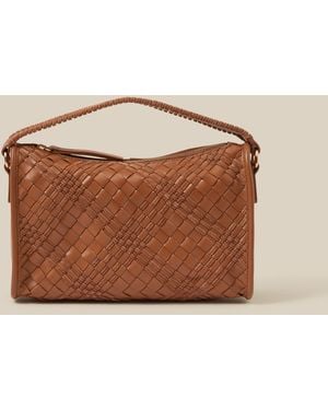 Monsoon Women's Brown Leather Woven Bertie Bag, Size: 25x30x15cm