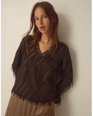 Monsoon Tawn V-Neck Fringe Top - Brown