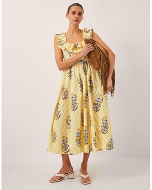 Monsoon Maria Frill Floral Stripe Midi Dress Camel - Metallic