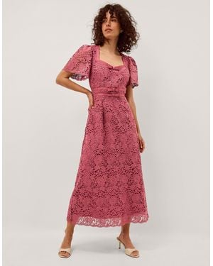 Monsoon Women's Dark Pink Floral Lace Regina Short Sleeve Midi Dress, Size: 20 - Red