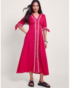 Monsoon Lita V-neck Ric Rac Midi Dress Pink