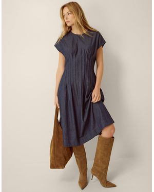 Monsoon Jasmin Pleated Denim Midi Dress Blue