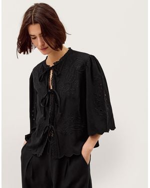 Monsoon Cindy Embroidered Tie Front Top Black