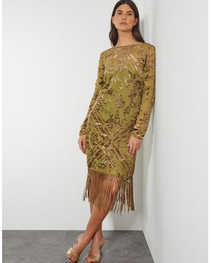 Monsoon Women's Yellow & Gold Floral Fringe Darcy Devore Dress, Size: 8 - Metallic