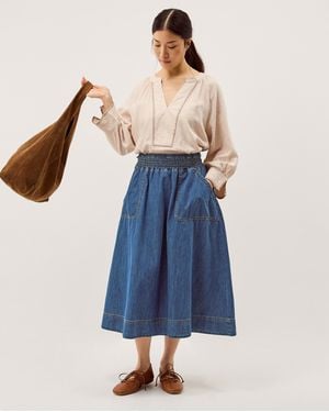Monsoon Sophie Shirred Denim Midi Skirt Blue