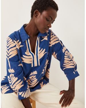 Monsoon Pamela Linen Blend Leaf Print Top Blue