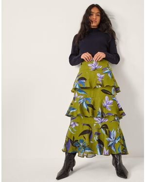 Monsoon Sonya Floral Print Frill Midi Skirt Green