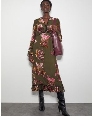 Monsoon Lucille Devore Floral Midi Dress Green - Brown
