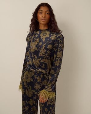 Monsoon Princella Faux Feather Sleeve Floral Velvet Top Blue - Brown
