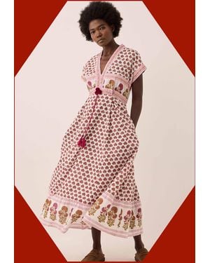 Monsoon East Karmen Hand Woodblock Midi Dress Pink - Red