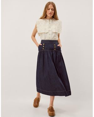 Monsoon Lucy Button Denim Midi Skirt Blue