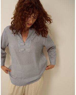 Monsoon Alexa Stripe Linen Blend Top Blue - Brown