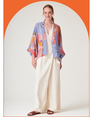 Monsoon One Hundred Stars Crane Print Kimono Jacket Blue - White