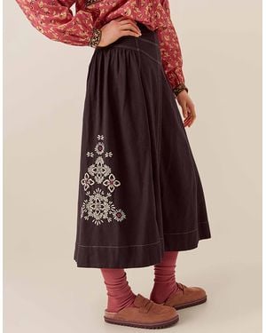 Monsoon East Cora Floral Embroidered Cotton Twill Skirt Blue