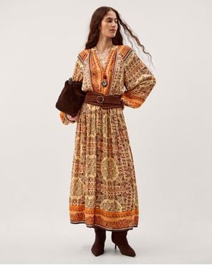 Monsoon Ines Floral Print Midi Dress Natural