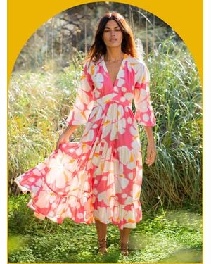 Monsoon La Galeria Elefante Women's Orange & Pink Floral Print Tiered Midi Dress, Size: S