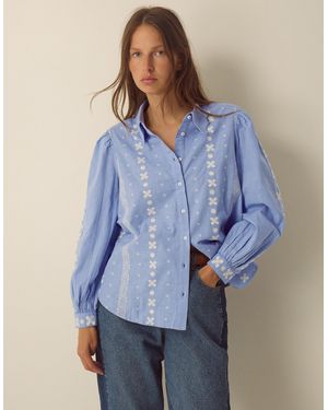 Monsoon Felicity Long Sleeve Embroidered Cotton Shirt Blue