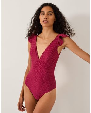 Monsoon Kaylie Plunge Rib Ruffle Swimsuit Red