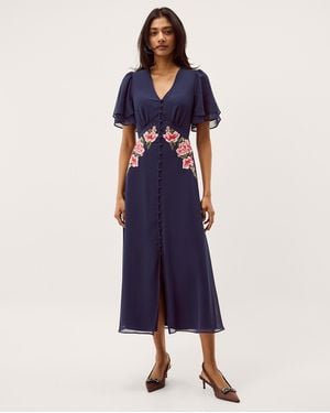 Monsoon Coraline Floral Embroidered Midi Dress Blue