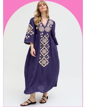Monsoon Raffya Ariana Embroidered Linen Maxi Dress Blue - Purple