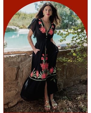 Monsoon Piti Cuiti Flutter Floral Embroidered Maxi Dress Black