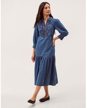 Monsoon Melissa Embroidered Denim Midi Dress Blue