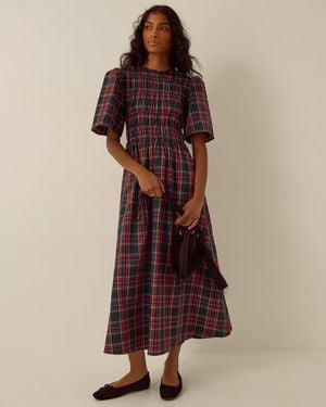 Monsoon Dottie Short Sleeve Smocked Tartan Midi Dress Red - Brown