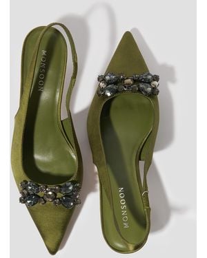 Monsoon Tara Embellished Slingback Kitten Heels Green