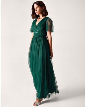 Monsoon Emily V-Neck Short Sleeve Pleated Tulle Maxi Bridesmaid Dress - Green