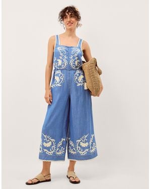 Monsoon Stella Embroidered Denim Culotte Jumpsuit Blue