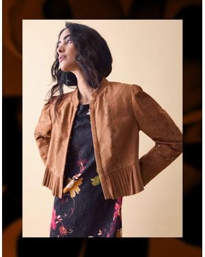 Monsoon Clemence Fleur Embellished Suede Jacket Tan - Natural