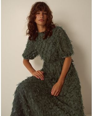 Monsoon Felicity Short Sleeve Textured Fringe Midi Dress Green
