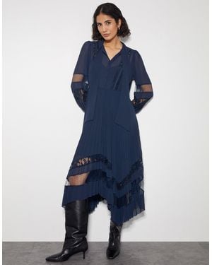 Monsoon Florence Lace Insert Pleated Midi Dress Blue