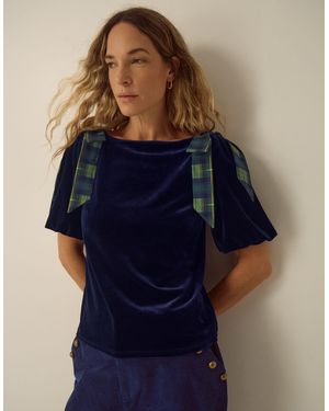 Monsoon Vittoria Short Sleeve Tartan Bow Velvet Top Blue