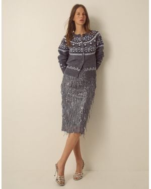 Monsoon Samie Sequin Fringe Pencil Skirt Dark Silver - Metallic
