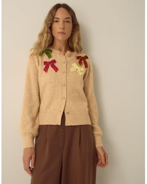 Monsoon Mila Bow Embellished Crew Neck Cardigan Natural - Brown