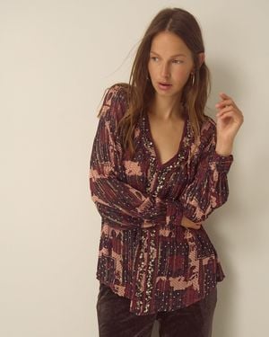 Monsoon Poppy V-neck Embellished Patchwork Blouse Red - Brown