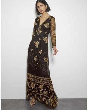 Monsoon Grace Embroidered Mesh Sleeve Maxi Dress Black - Brown