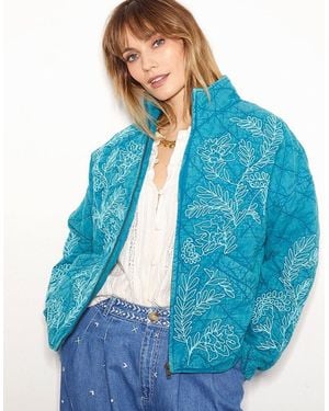 Monsoon East Tate Embroidered Quilted Jacket Teal - Blue