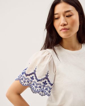 Monsoon Bree Broderie Sleeve Jersey T-shirt White - Natural