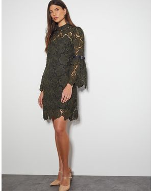 Monsoon Women's Khaki Floral Lace Eliza Long Sleeve Mini Dress, Size: 8 - Green