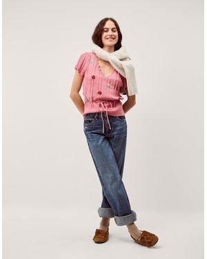 Monsoon Edie Floral Embroidered Short Sleeve Jumper Pink
