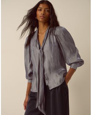 Monsoon Mira Metallic Pussybow Blouse Silver - Brown