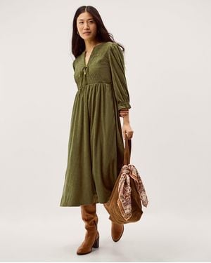 Monsoon Sara Smocked Corduroy Midi Dress Green