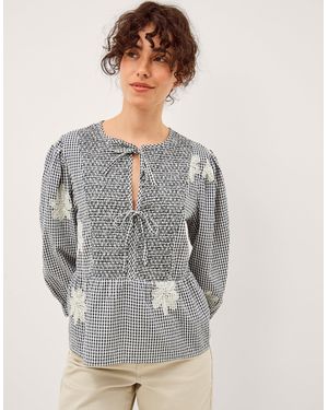 Monsoon Mimi Embroidered Gingham Top - Grey